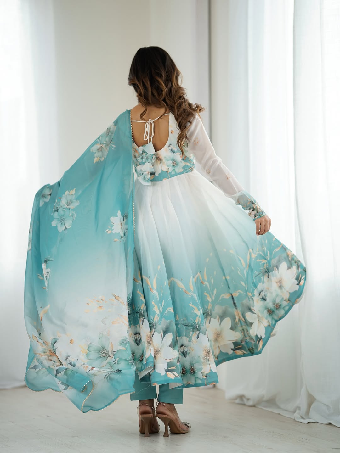 floral printed organza anarkali suit set for the upcoming festivities and wedding