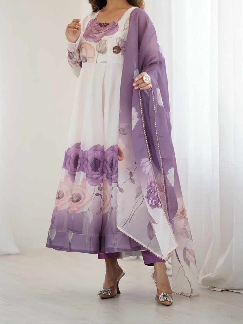 floral printed organza anarkali suit set for the upcoming festivities and wedding