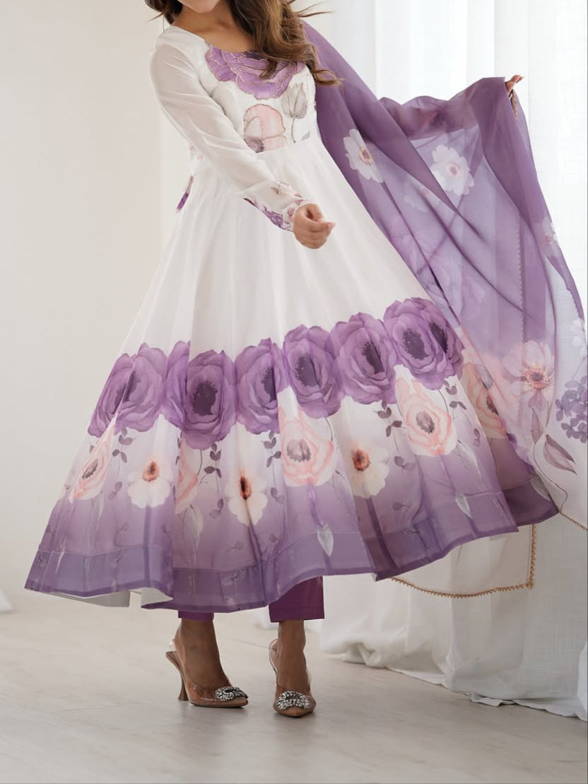 floral printed organza anarkali suit set for the upcoming festivities and wedding