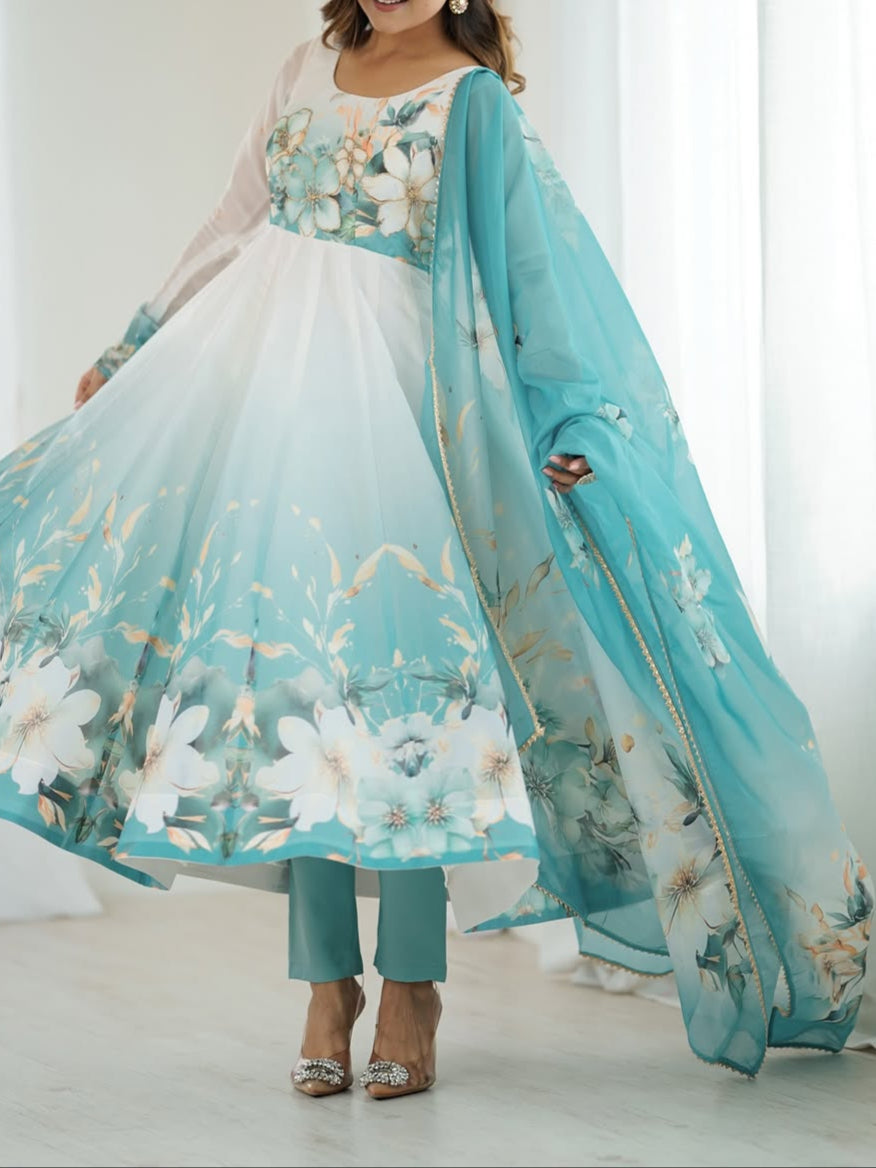 floral printed organza anarkali suit set for the upcoming festivities and wedding
