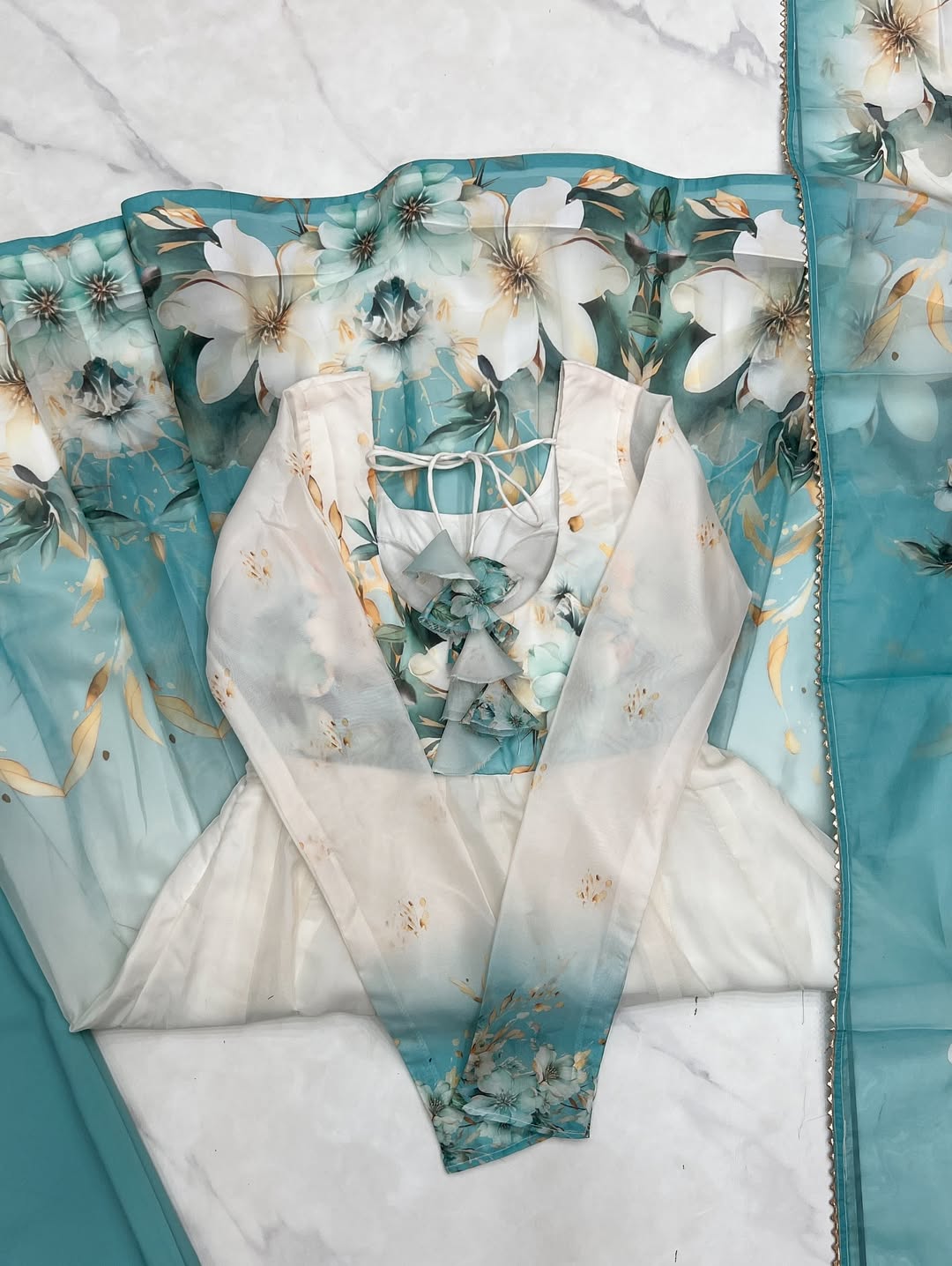 floral printed organza anarkali suit set for the upcoming festivities and wedding