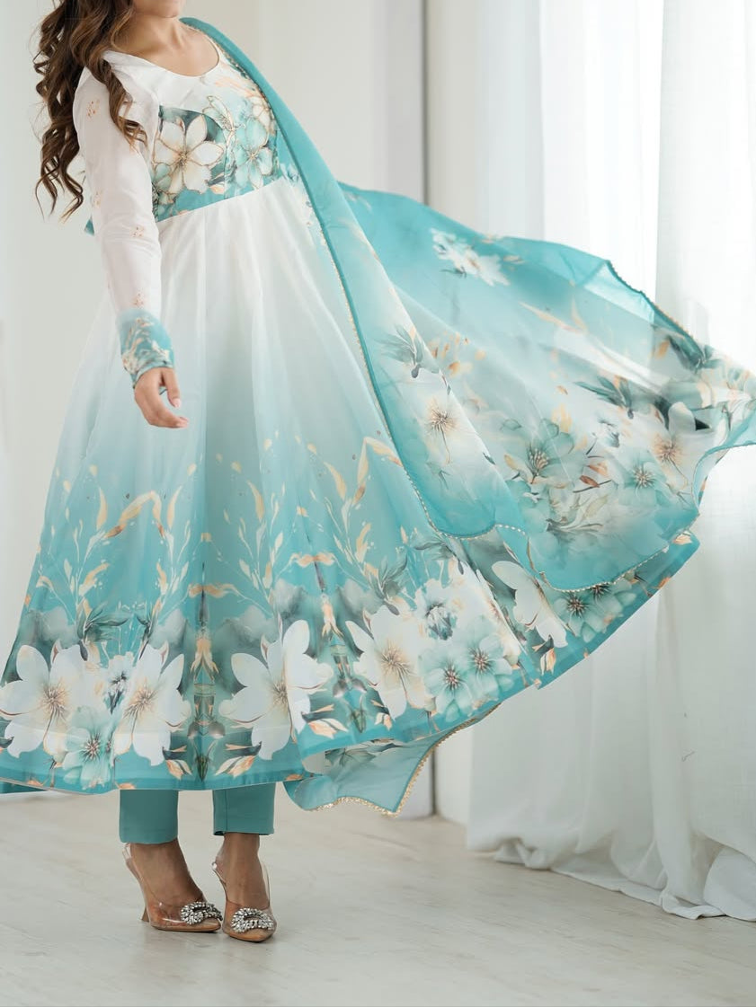 floral printed organza anarkali suit set for the upcoming festivities and wedding