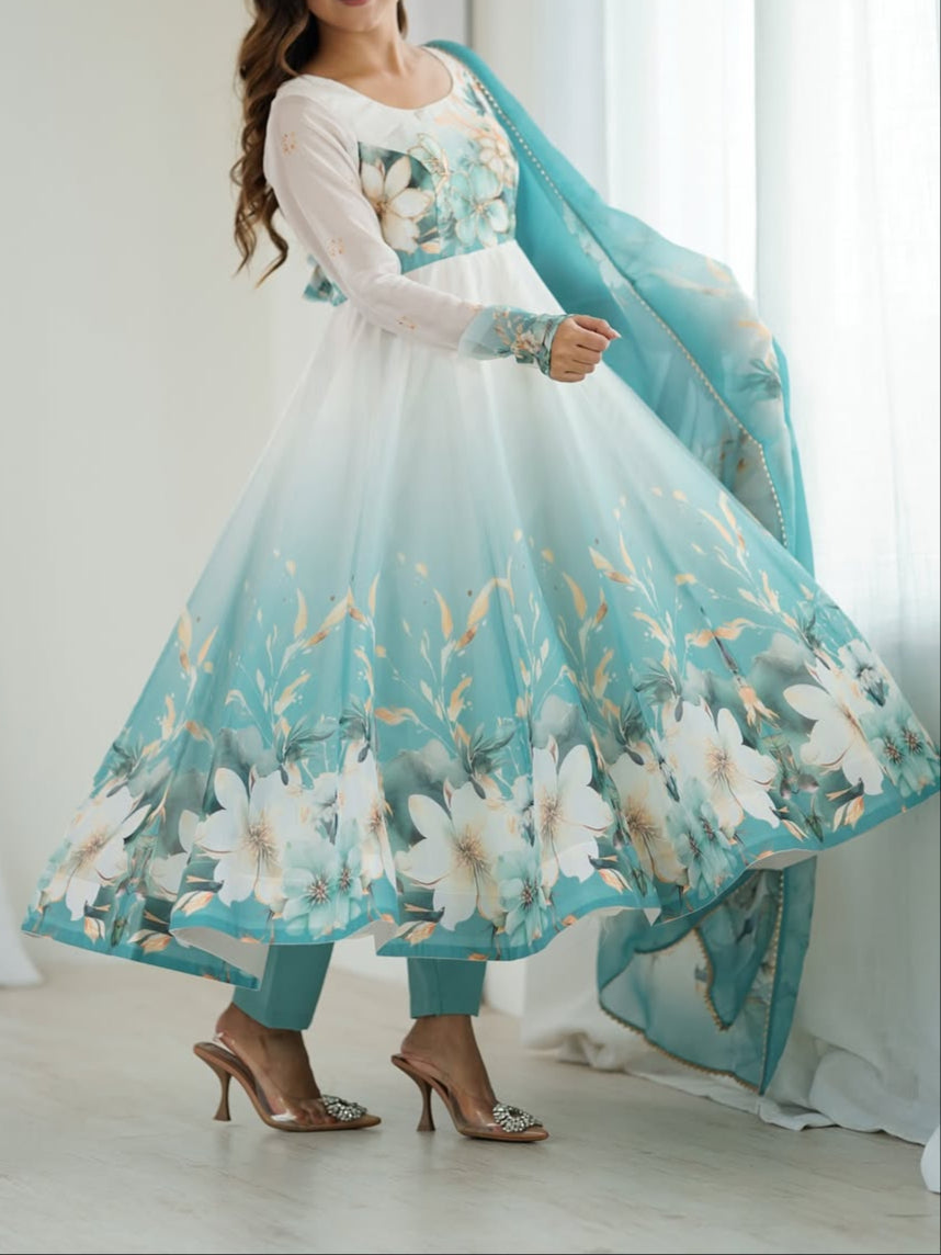 floral printed organza anarkali suit set for the upcoming festivities and wedding