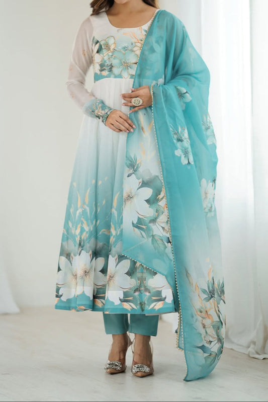 floral printed organza anarkali suit set for the upcoming festivities and wedding