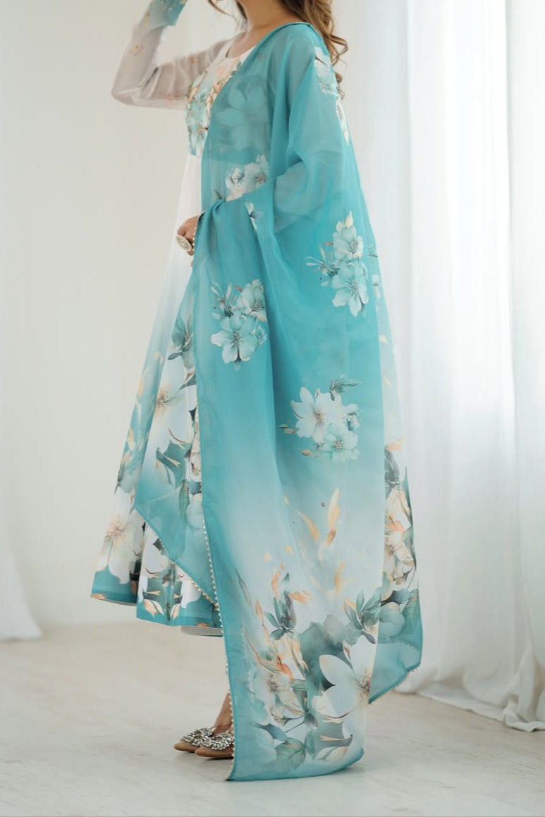 floral printed organza anarkali suit set for the upcoming festivities and wedding