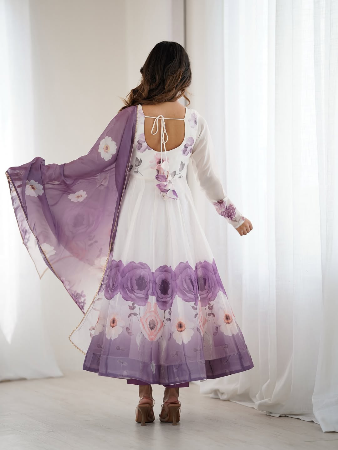 floral printed organza anarkali suit set for the upcoming festivities and wedding