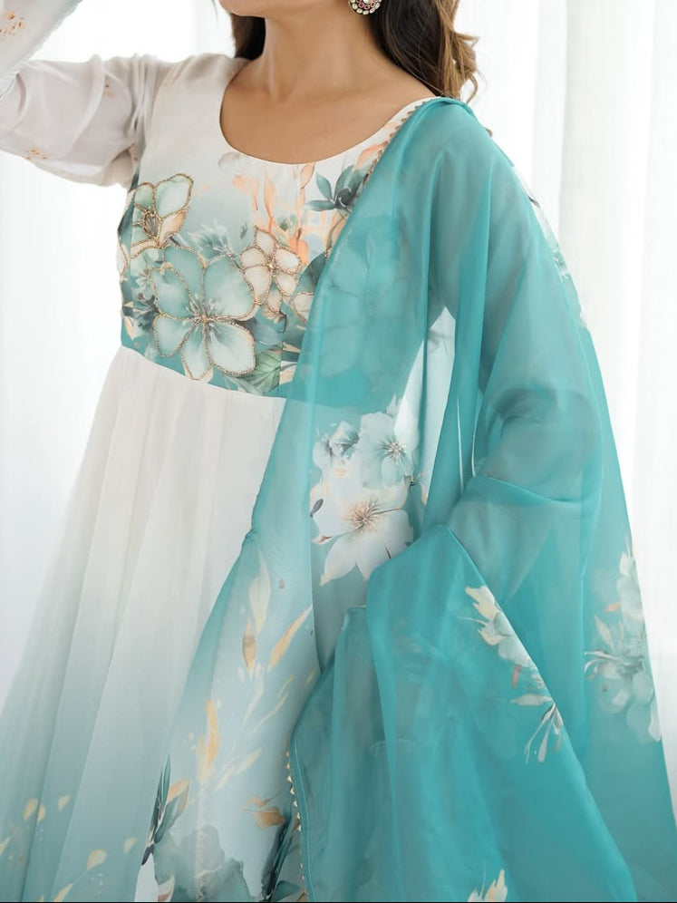 floral printed organza anarkali suit set for the upcoming festivities and wedding