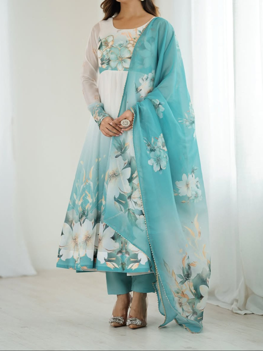floral printed organza anarkali suit set for the upcoming festivities and wedding