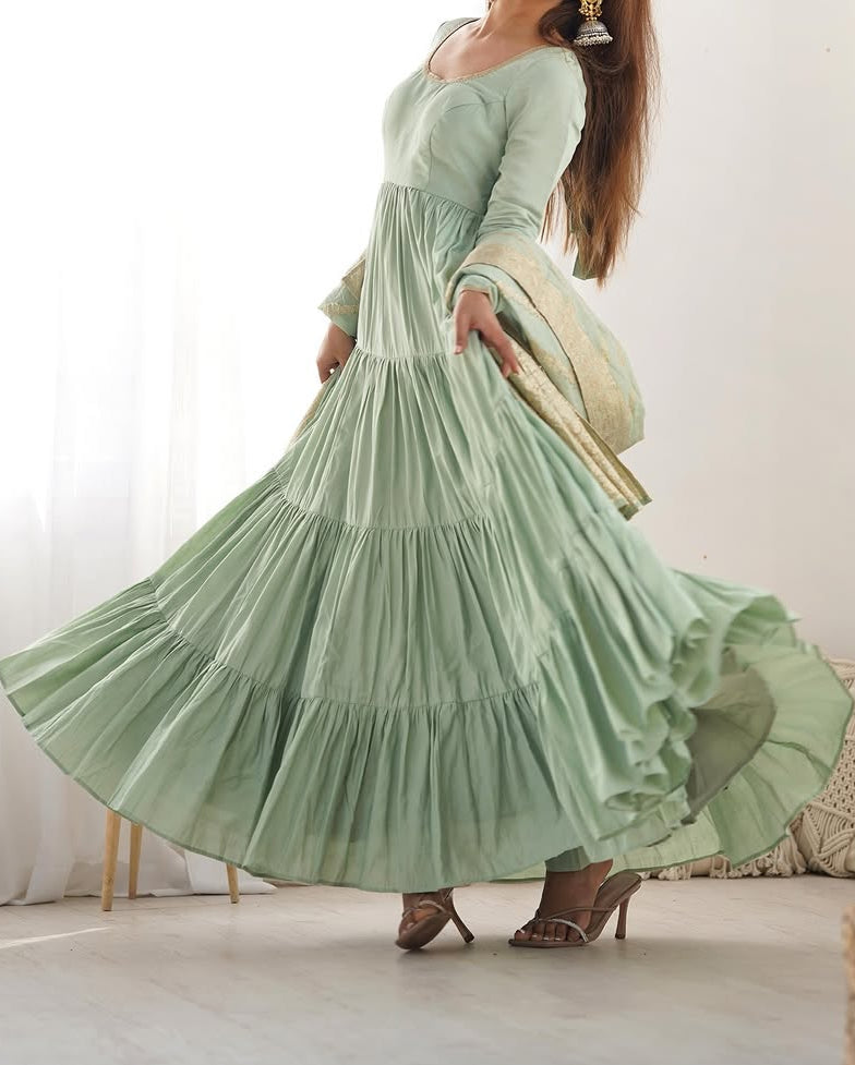 Pure Roman  Silk Chanderi Fabric Heavy Flair Anarkali Dress