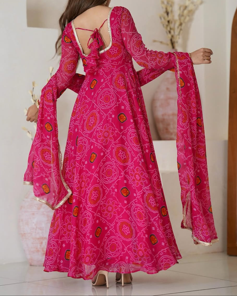 Pure Soft Lightweight Chiffon Bandhej Fully Flair Anarkali Set