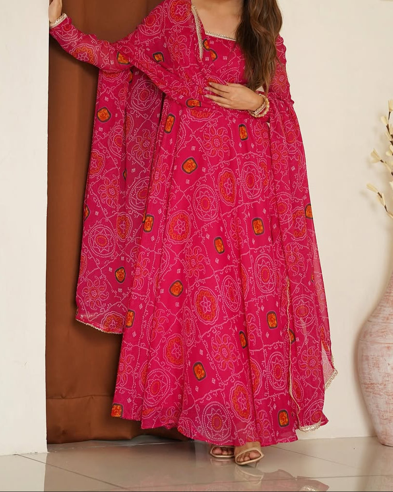 Pure Soft Lightweight Chiffon Bandhej Fully Flair Anarkali Set