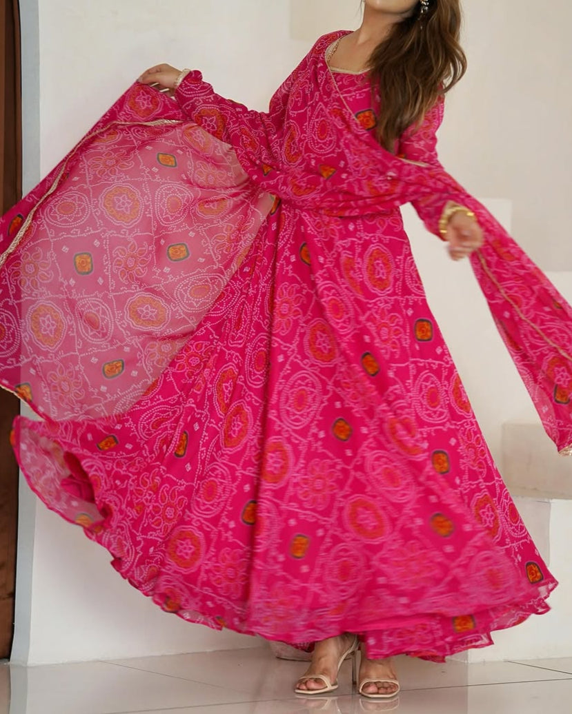 Pure Soft Lightweight Chiffon Bandhej Fully Flair Anarkali Set