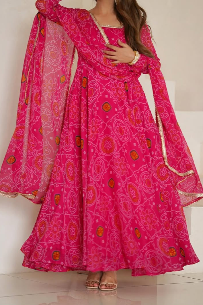 Pure Soft Lightweight Chiffon Bandhej Fully Flair Anarkali Set