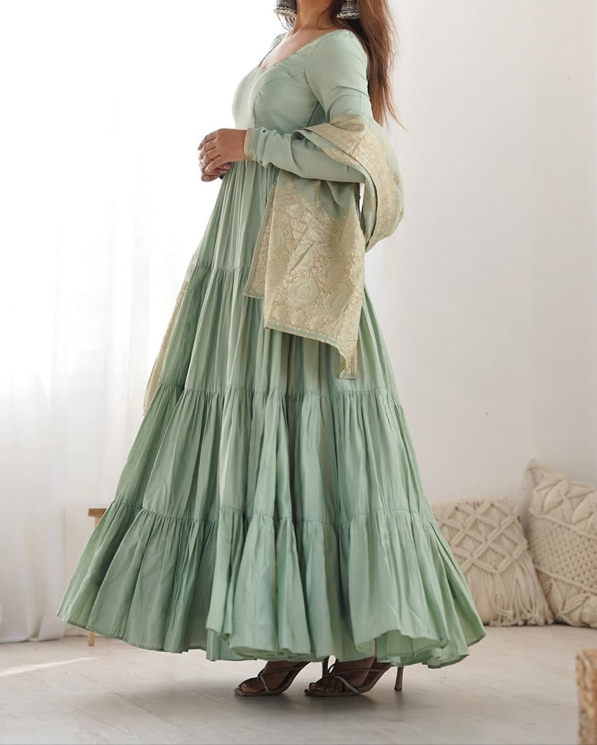 Pure Roman  Silk Chanderi Fabric Heavy Flair Anarkali Dress
