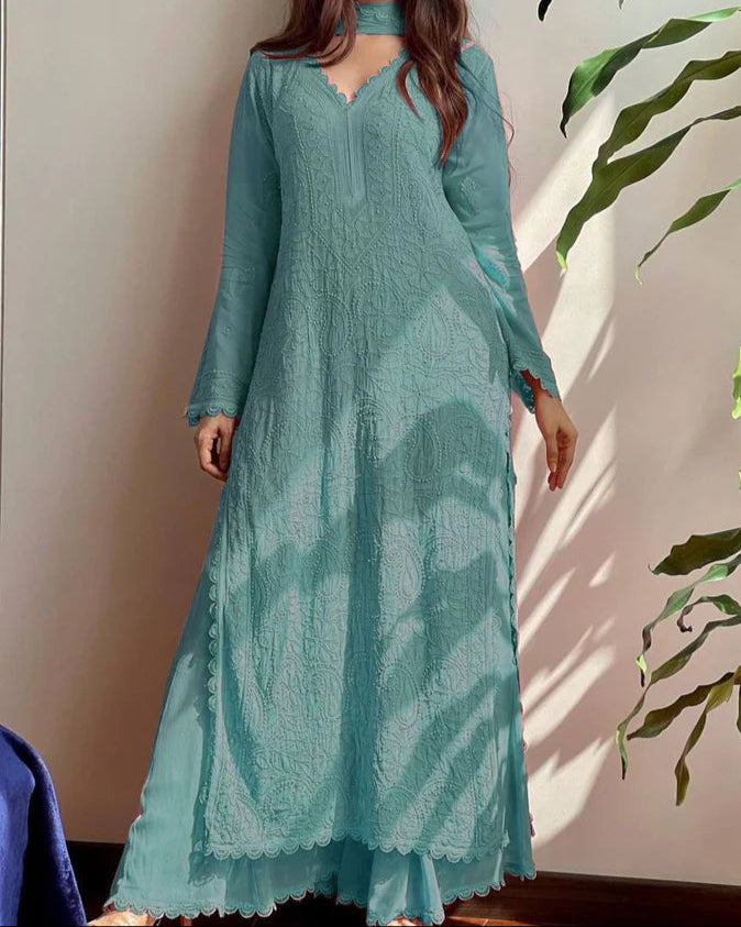 Cotton Thread Embroidery Work With Lace Work Top Palazzo & Dupatta