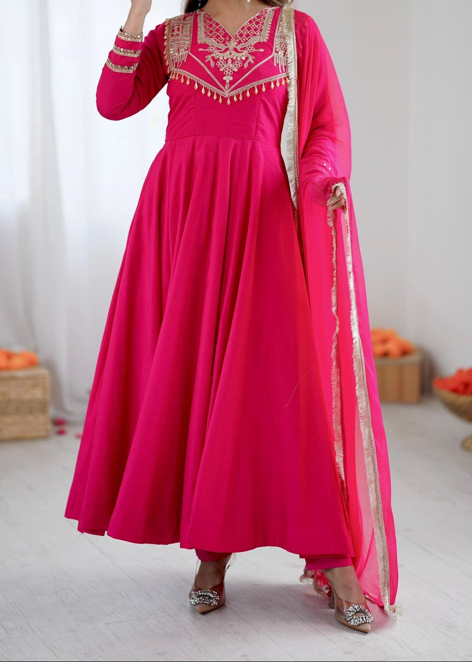 Designer Party Wear Roman Silk Anarkali Suit Set