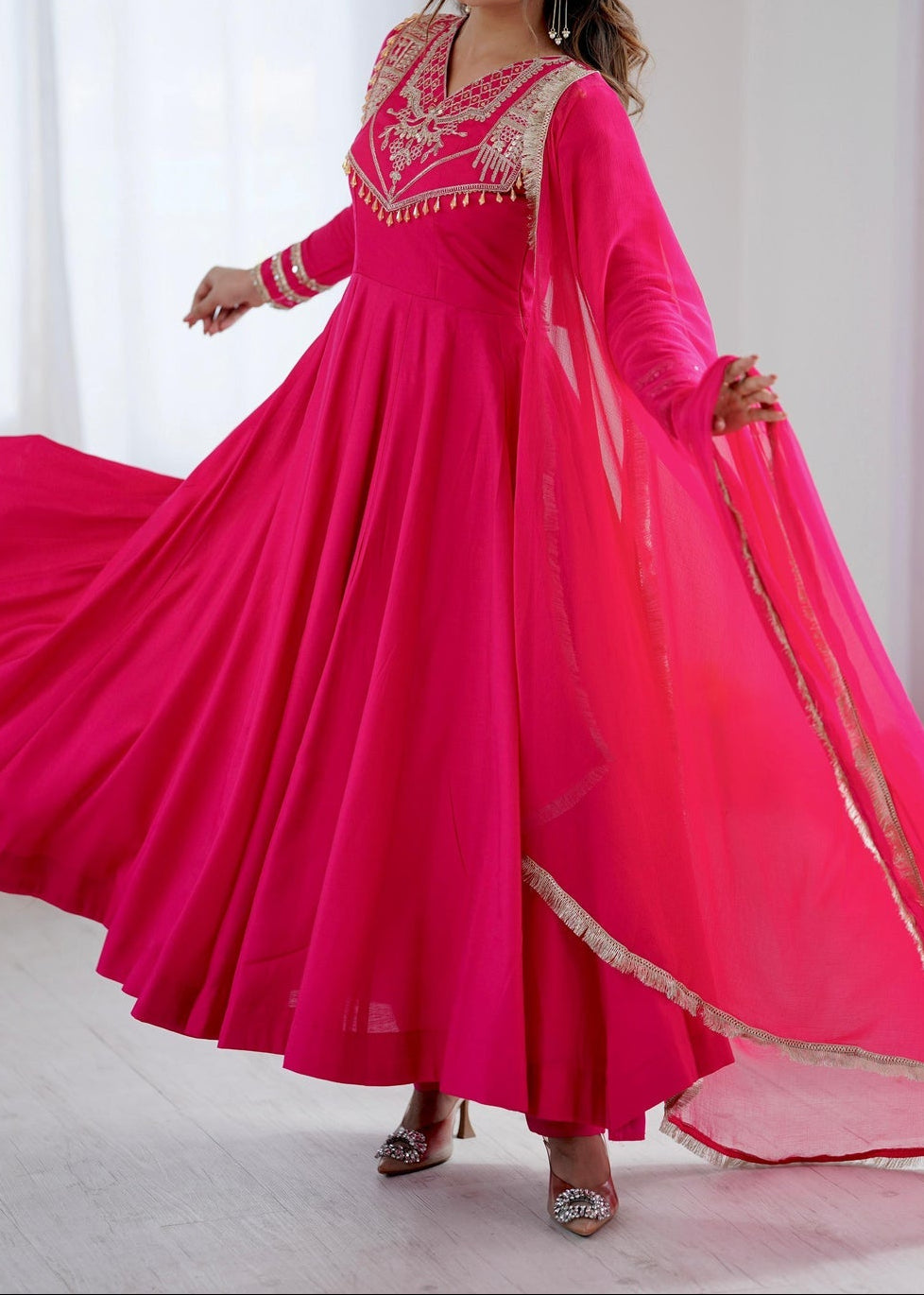 Designer Party Wear Roman Silk Anarkali Suit Set