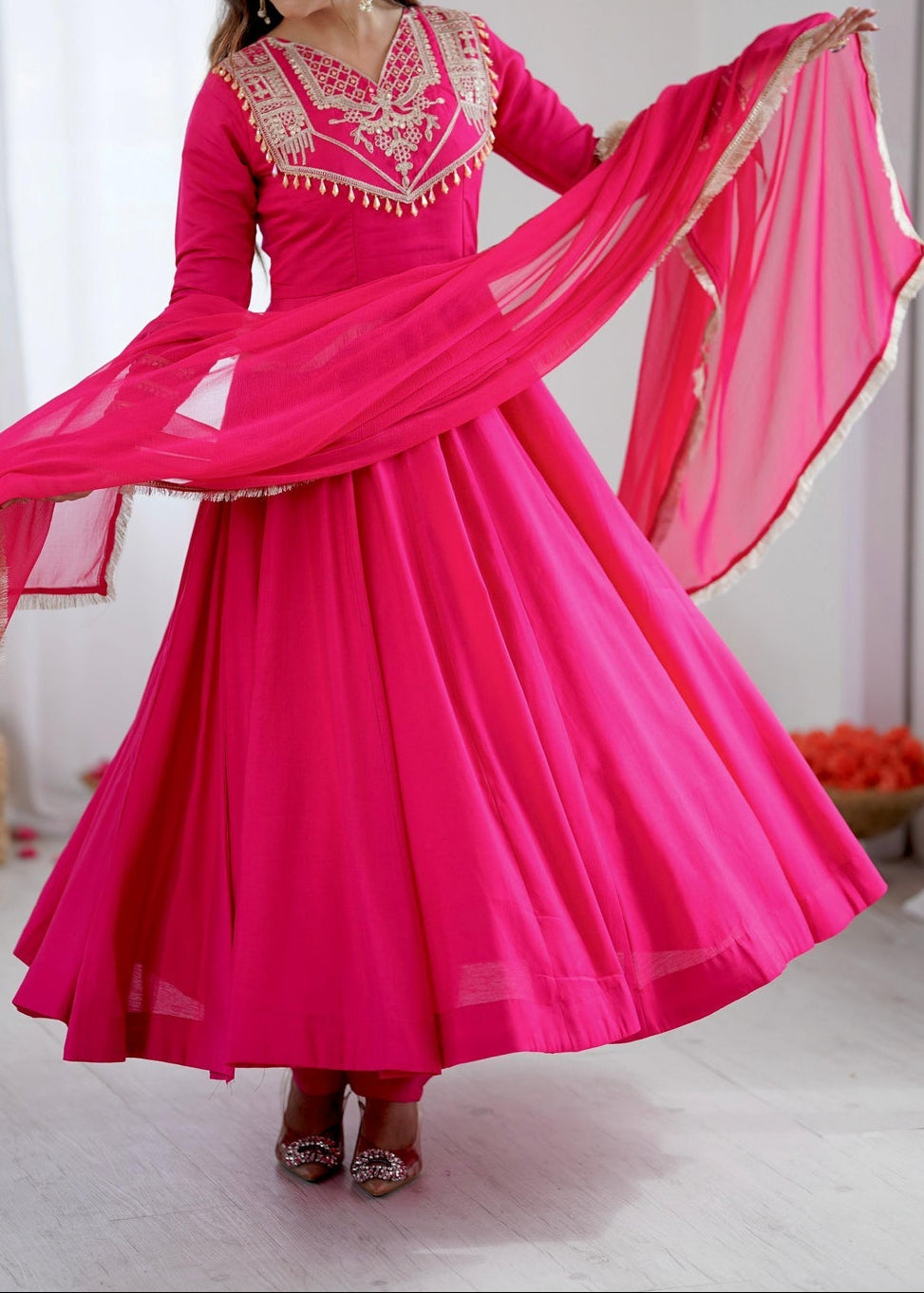 Designer Party Wear Roman Silk Anarkali Suit Set
