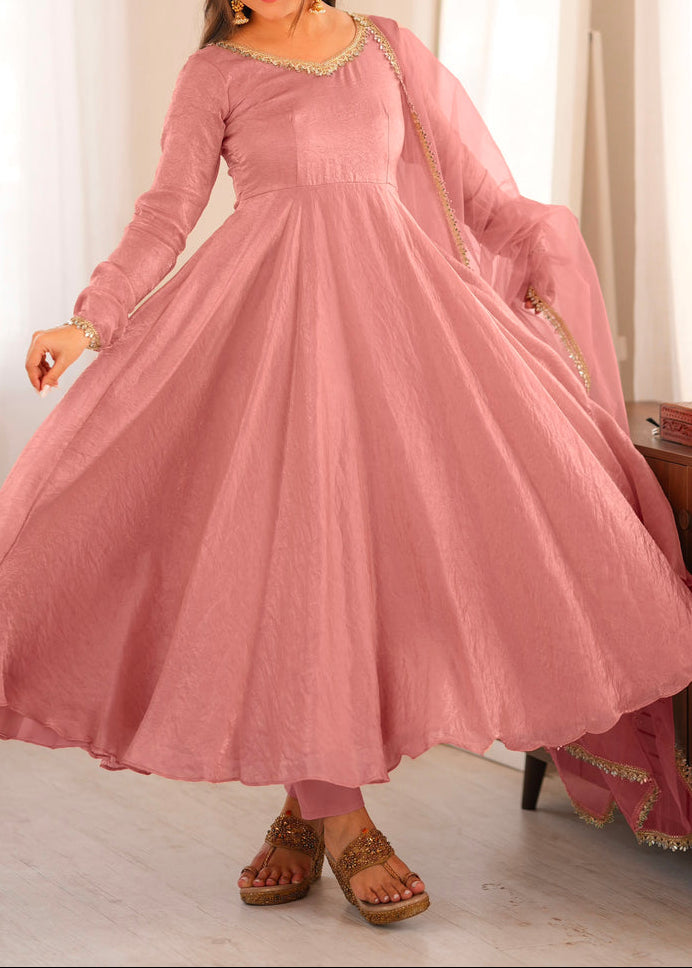Crush Silk Heavy Flare Anarkali Suit Set With Mirror Work detailing