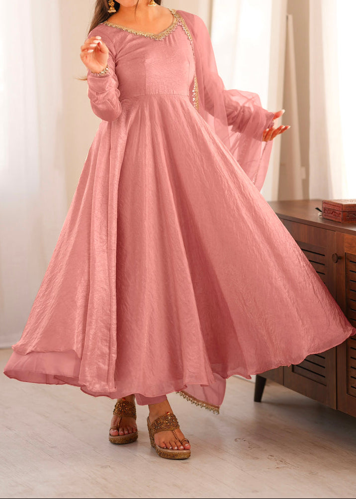 Crush Silk Heavy Flare Anarkali Suit Set With Mirror Work detailing