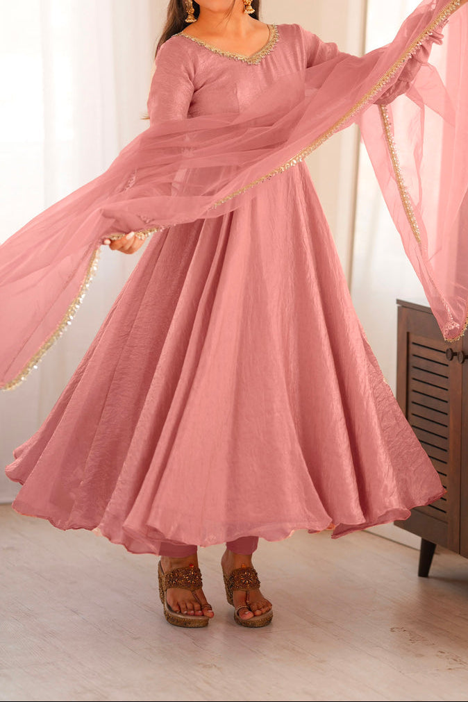 Crush Silk Heavy Flare Anarkali Suit Set With Mirror Work detailing