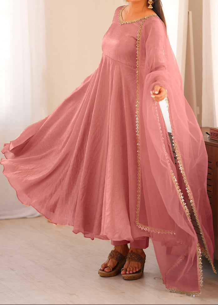Crush Silk Heavy Flare Anarkali Suit Set With Mirror Work detailing
