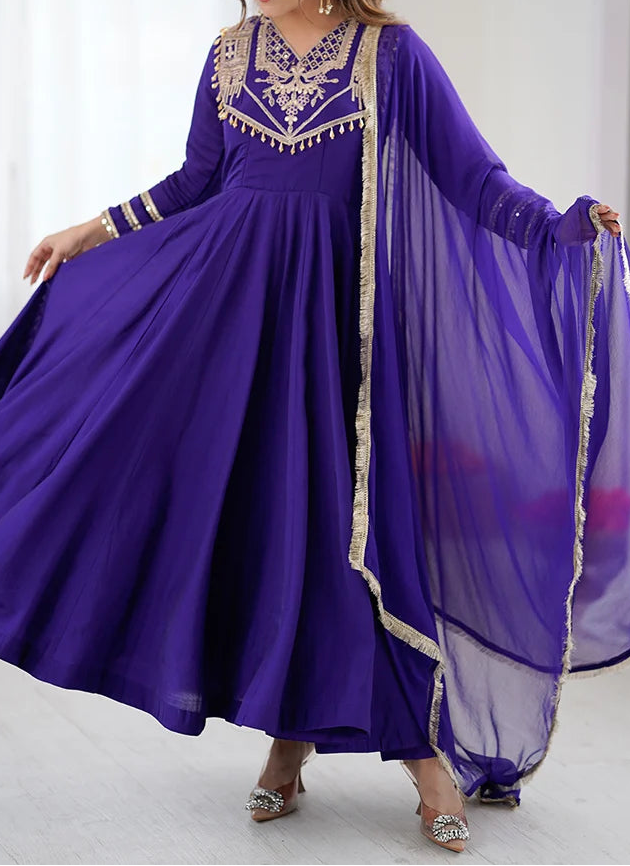 Designer Party Wear Roman Silk Anarkali Suit Set