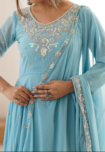 Elegant Heavy Embroidery & Sequence Work Three-Piece Anarkali Suit Set