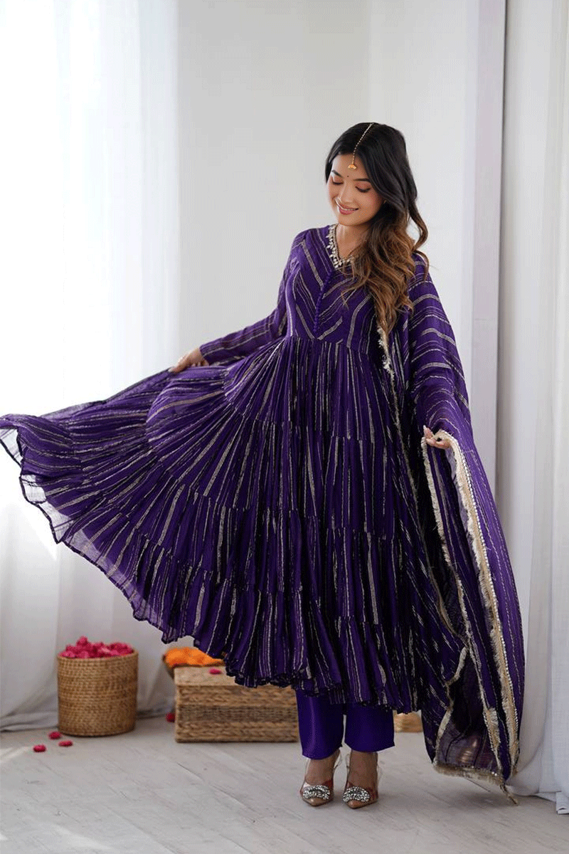 Real Mirror With Handwork Mal Chanderi Anarkali Set