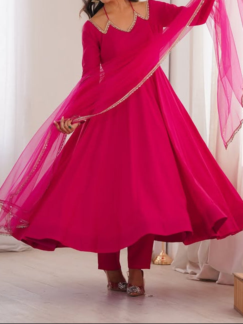 Pure Roman Silk Chanderi Fabric Fully Flare Party wear Anarkali Suit Set