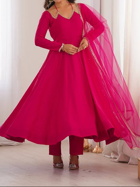 Pure Roman Silk Chanderi Fabric Fully Flare Party wear Anarkali Suit Set