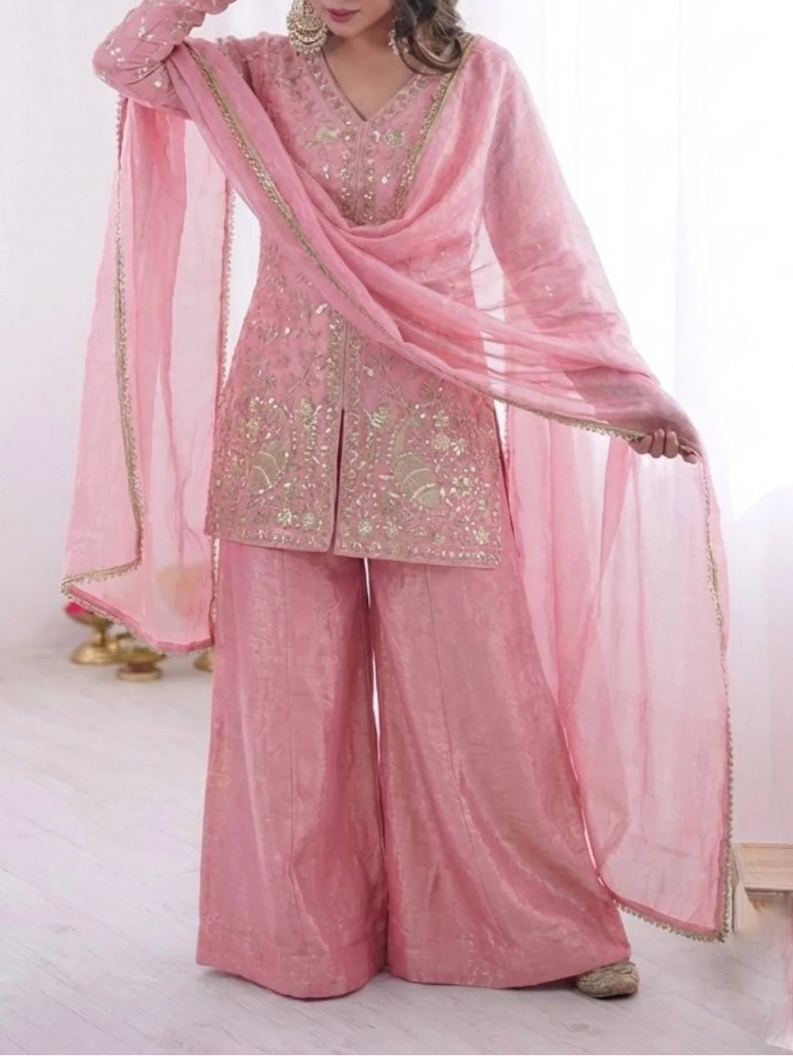 New Party Wear Look Pure Heavy Fendy Silk Top Sharara & Dupatta Set
