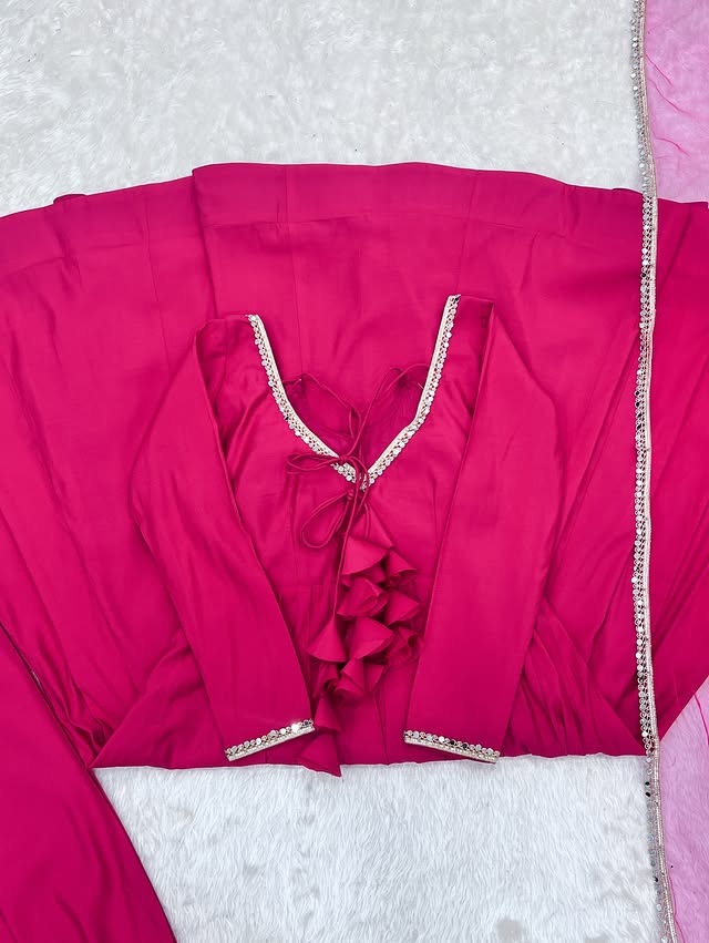 Pure Roman Silk Chanderi Fabric Fully Flare Party wear Anarkali Suit Set