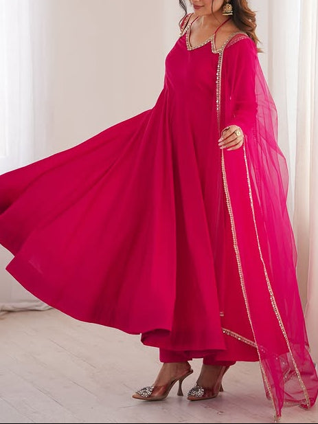 Pure Roman Silk Chanderi Fabric Fully Flare Party wear Anarkali Suit Set