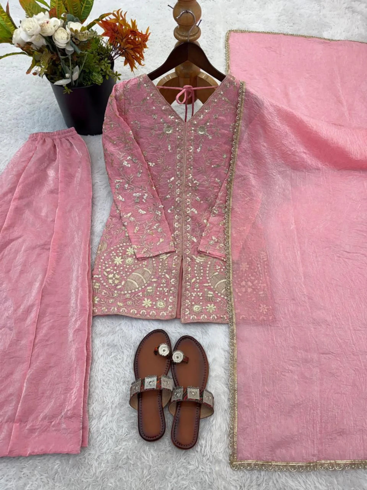 New Party Wear Look Pure Heavy Fendy Silk Top Sharara & Dupatta Set