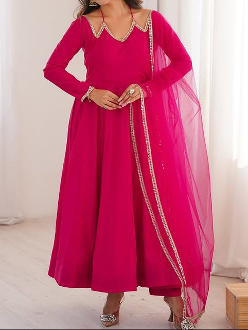 Pure Roman Silk Chanderi Fabric Fully Flare Party wear Anarkali Suit Set