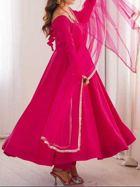 Pure Roman Silk Chanderi Fabric Fully Flare Party wear Anarkali Suit Set