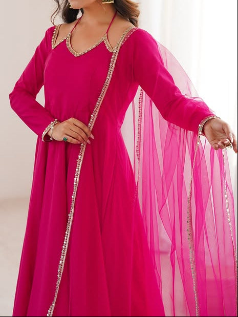 Pure Roman Silk Chanderi Fabric Fully Flare Party wear Anarkali Suit Set