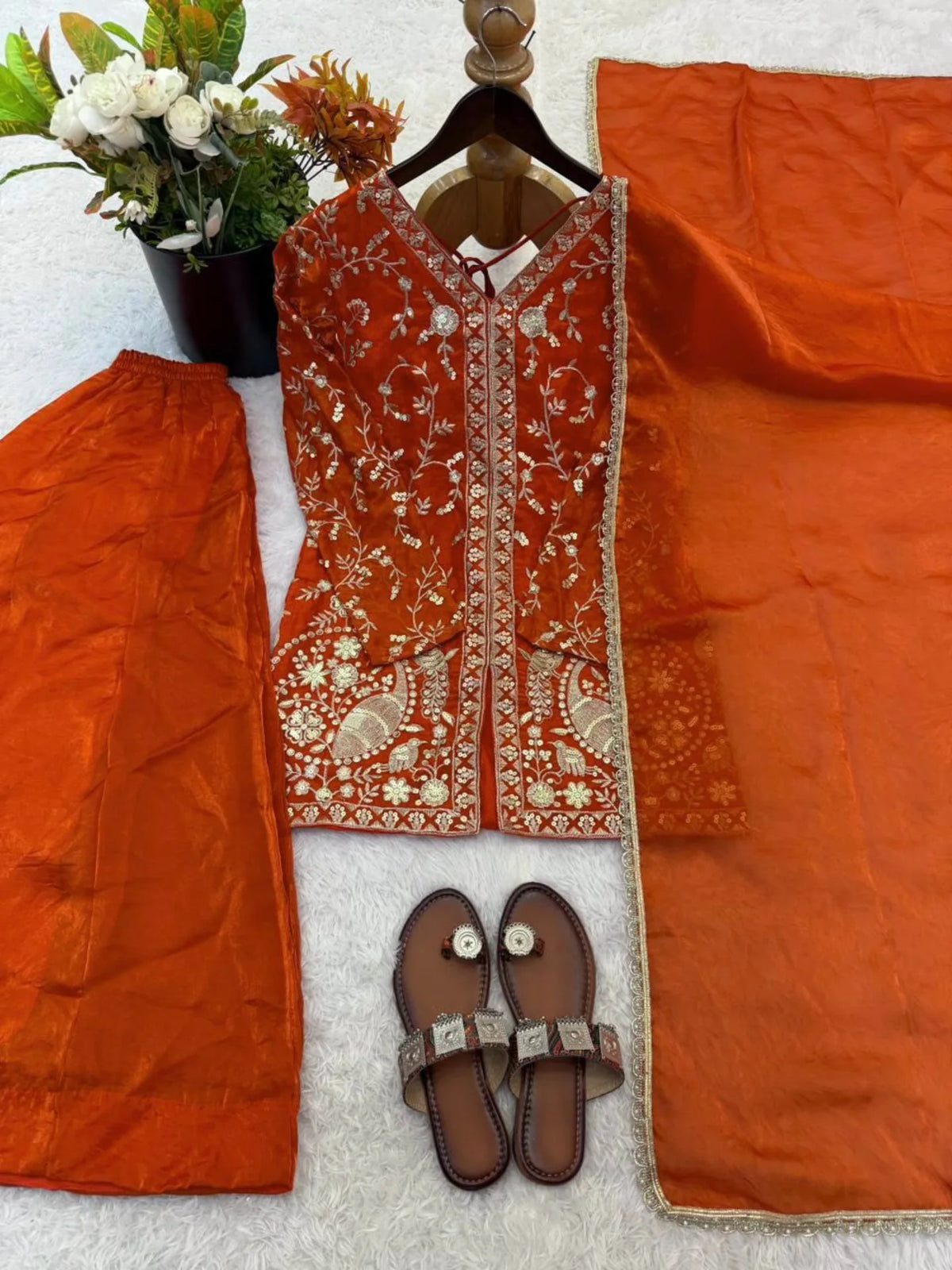 New Party Wear Look Pure Heavy Fendy Silk Top Sharara & Dupatta Set