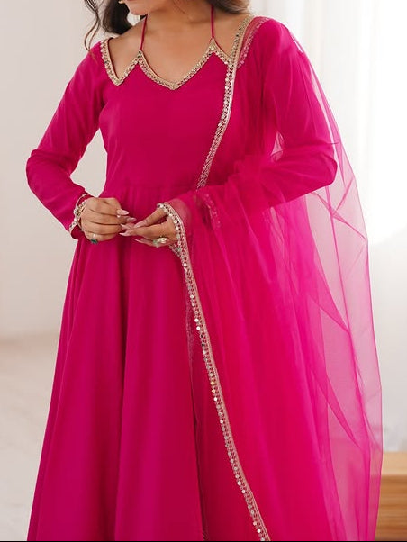 Pure Roman Silk Chanderi Fabric Fully Flare Party wear Anarkali Suit Set