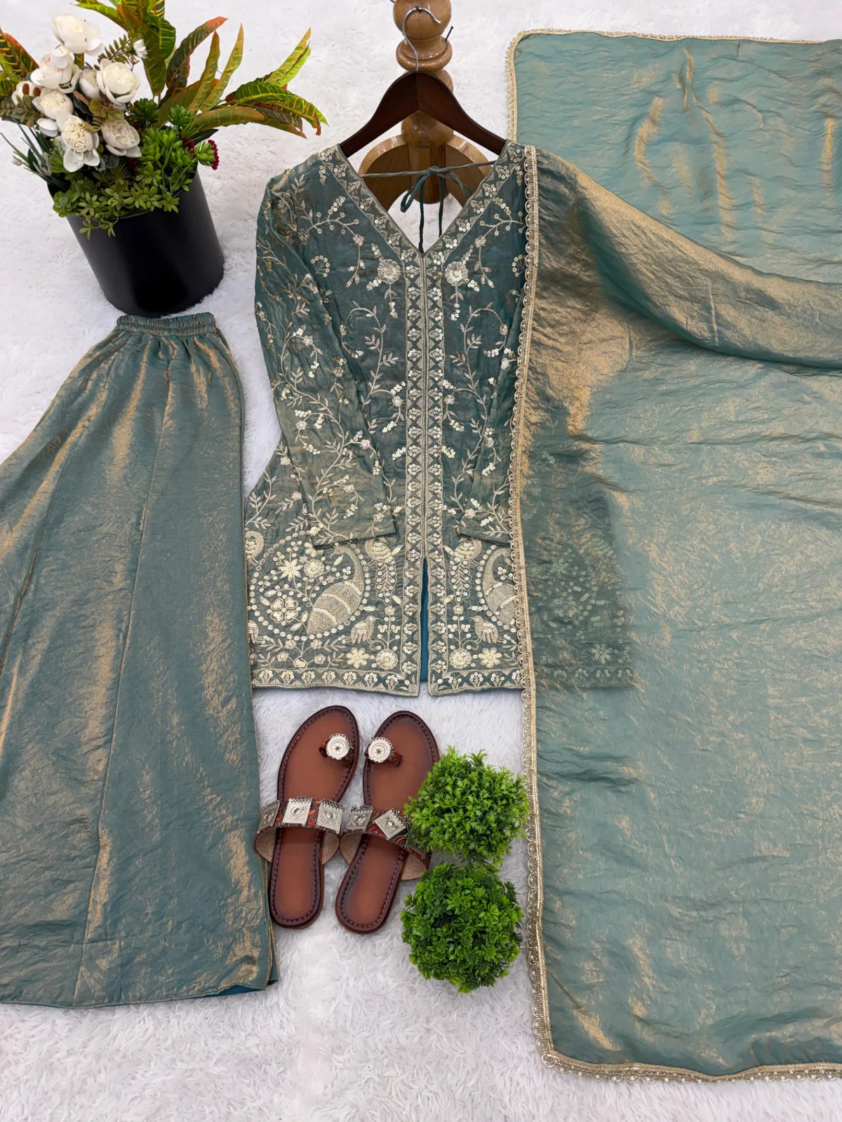 New Party Wear Look Pure Heavy Fendy Silk Top Sharara & Dupatta Set