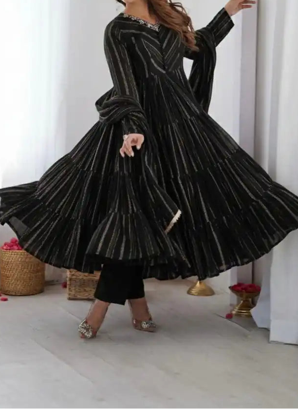 Real Mirror With Handwork Mal Chanderi Anarkali Set
