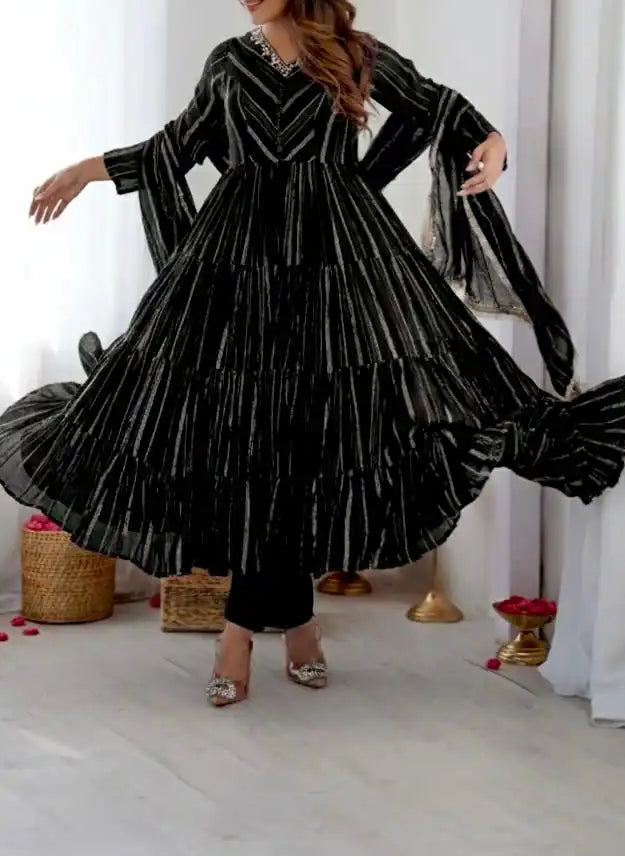 Real Mirror With Handwork Mal Chanderi Anarkali Set