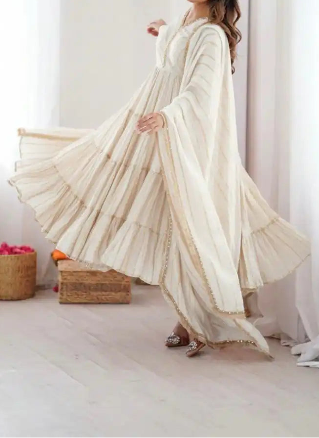 Real Mirror With Handwork Mal Chanderi Anarkali Set