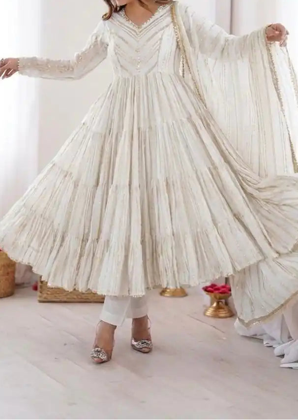 Real Mirror With Handwork Mal Chanderi Anarkali Set