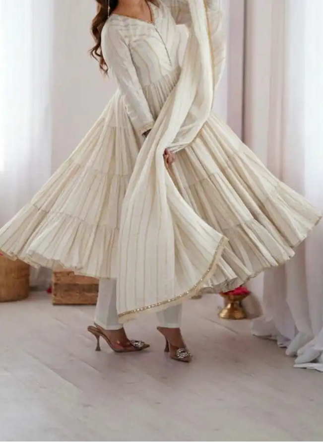 Real Mirror With Handwork Mal Chanderi Anarkali Set