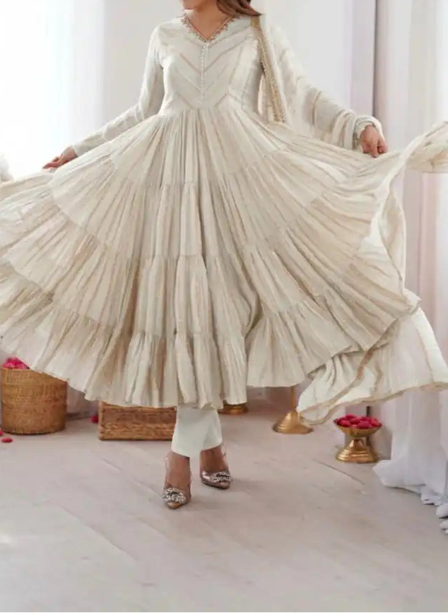 Real Mirror With Handwork Mal Chanderi Anarkali Set