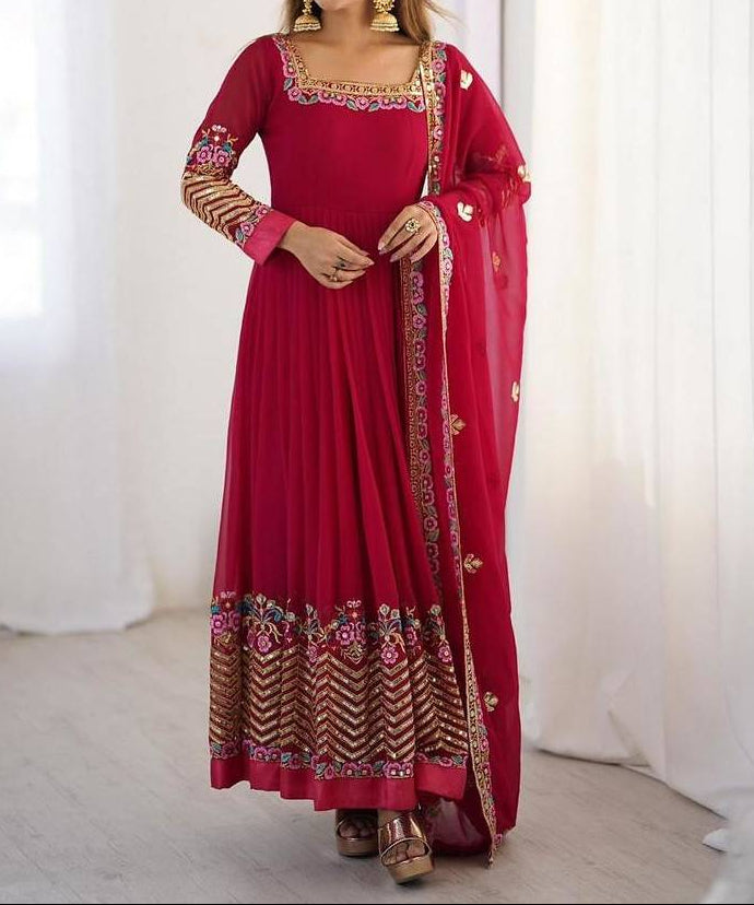 Heavy Georgette Wedding Wear Embroidery Work Long Anarkali Set