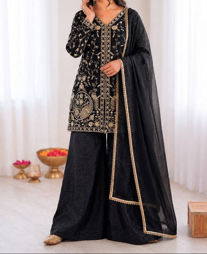 New Party Wear Look Pure Heavy Fendy Silk Top Sharara & Dupatta Set