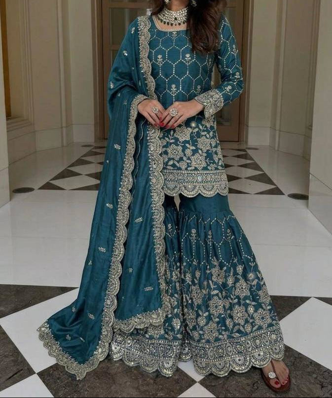 Wedding Waer  Heavy Embroidery Sequence Work with Real Mirror Hand Work Sharara Set